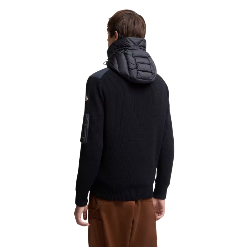 Cardigan à capuche MONCLER zippé matelassé bi matière laine nylon bleu marine