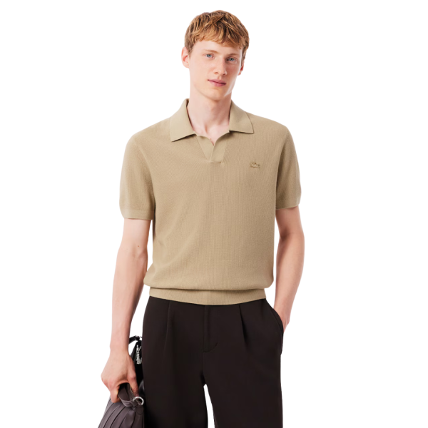 Pull manche courte LACOSTE col polo ouvert coton laine beige
