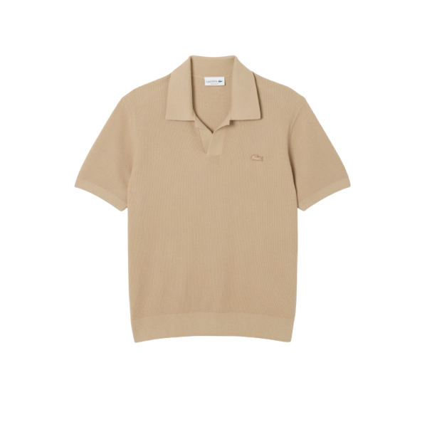 Pull manche courte LACOSTE col polo ouvert coton laine beige