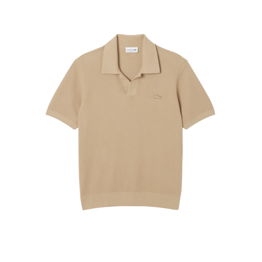 Pull manche courte LACOSTE col polo ouvert coton laine beige