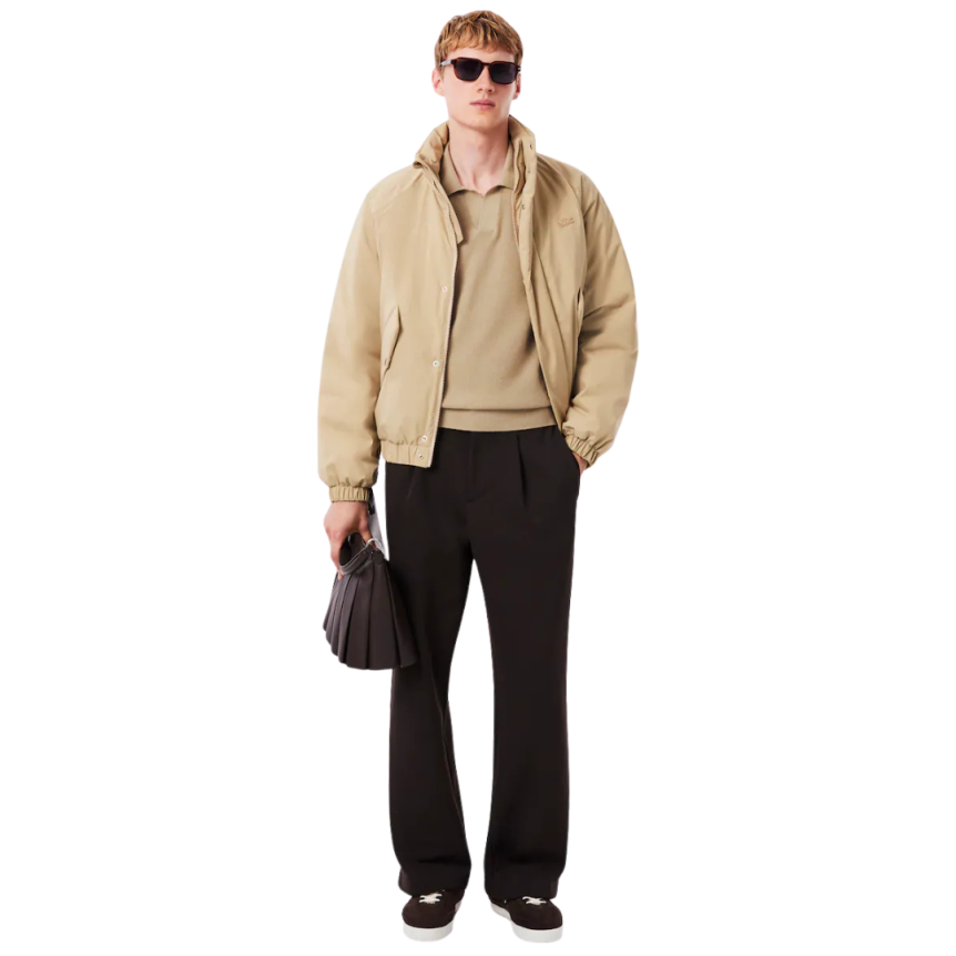 Pull manche courte LACOSTE col polo ouvert coton laine beige