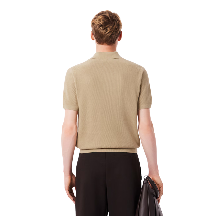 Pull manche courte LACOSTE col polo ouvert coton laine beige