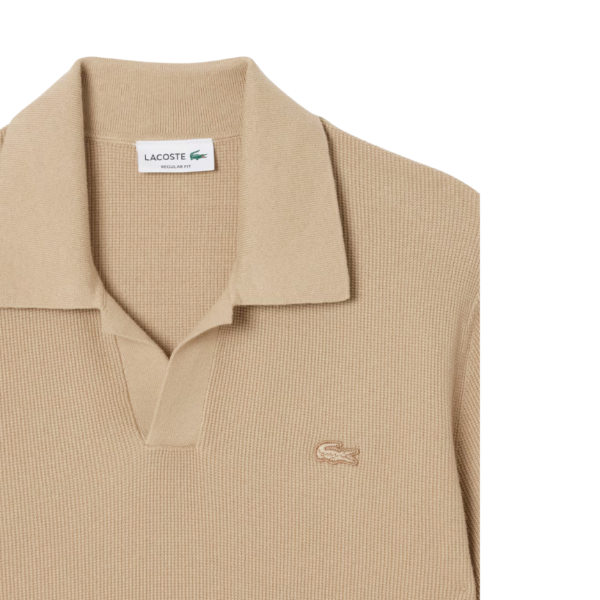 Pull manche courte LACOSTE col polo ouvert coton laine beige