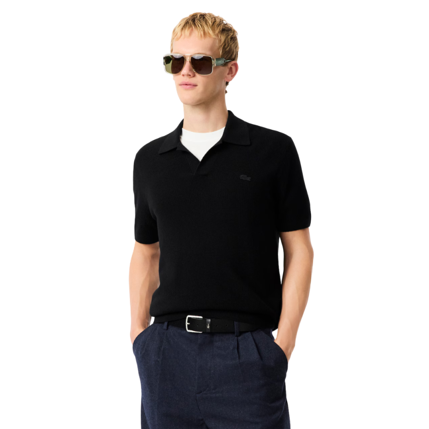Pull manche courte LACOSTE col polo ouvert coton laine noir