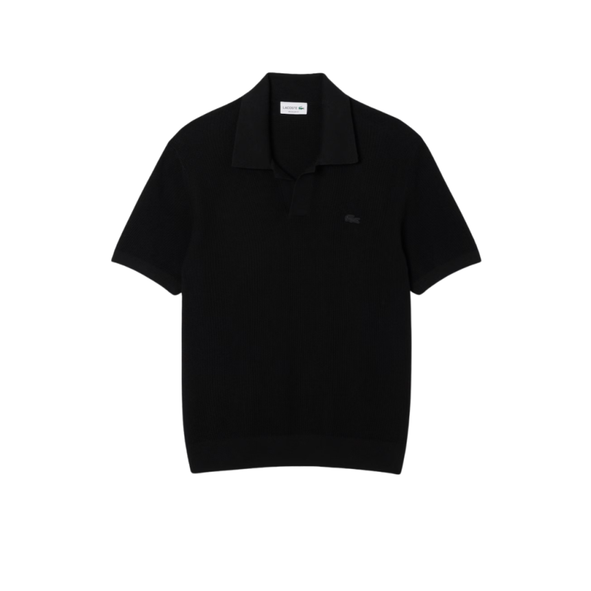 Pull manche courte LACOSTE col polo ouvert coton laine noir