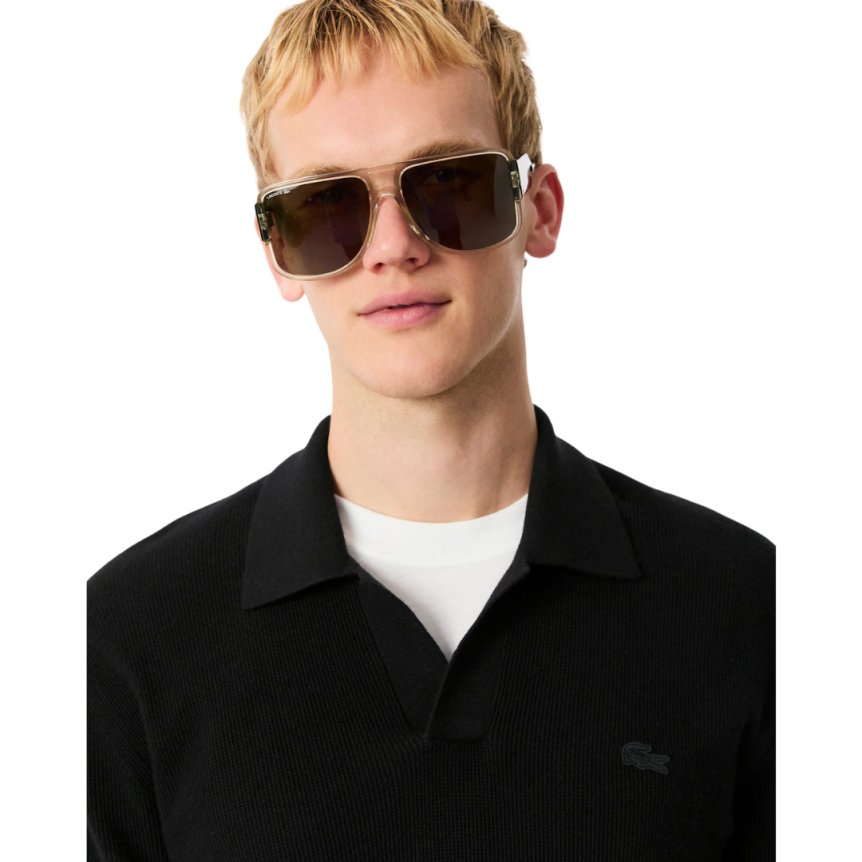 Pull manche courte LACOSTE col polo ouvert coton laine noir