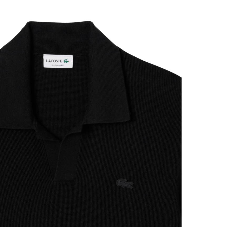 Pull manche courte LACOSTE col polo ouvert coton laine noir