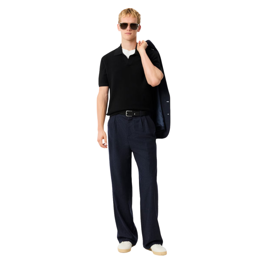 Pull manche courte LACOSTE col polo ouvert coton laine noir