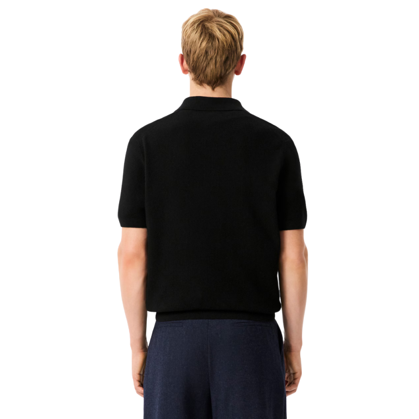 Pull manche courte LACOSTE col polo ouvert coton laine noir