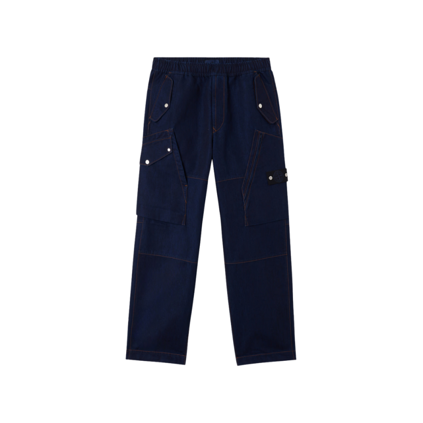 Pantalon Jean cargo ample STONE ISLAND Denim Research bleu brut poches asymétriques