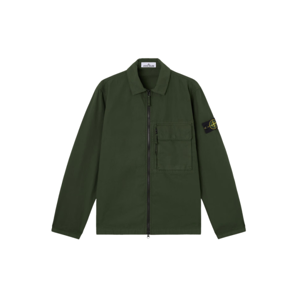 Surchemise zippée STONE ISLAND coton vert sapin poche plaquée