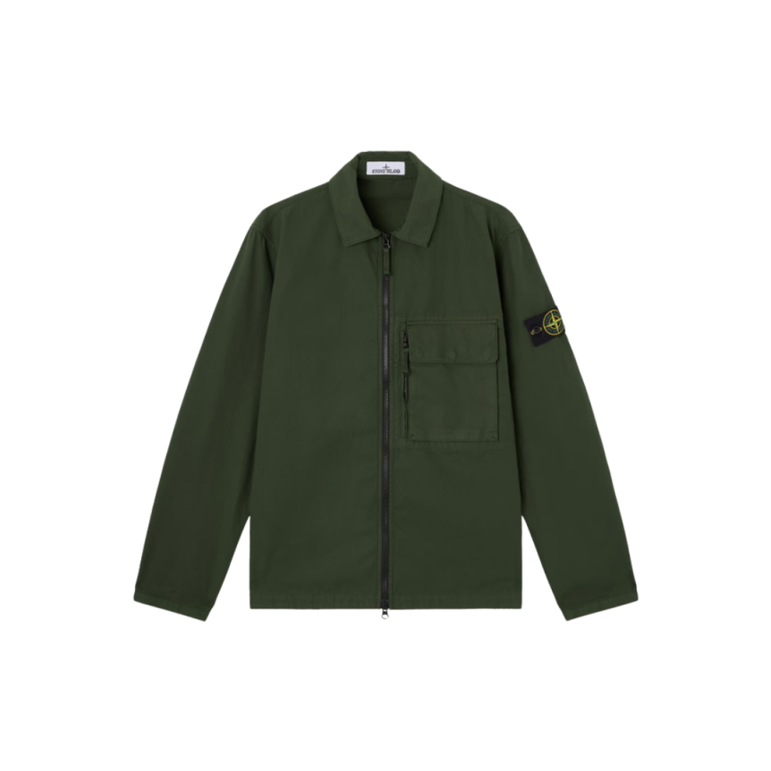 Surchemise zippée STONE ISLAND coton vert sapin poche plaquée