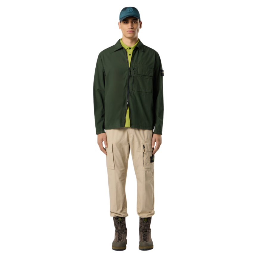Surchemise zippée STONE ISLAND coton vert sapin poche plaquée