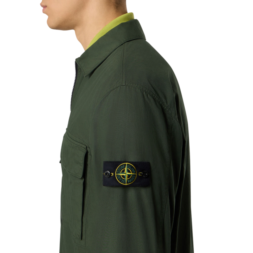 Surchemise zippée STONE ISLAND coton vert sapin poche plaquée