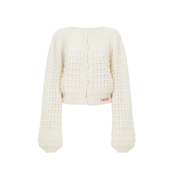 Cardigan col rond CHLOE maille épaisse laine cachemire écru broderie logo rouge taille