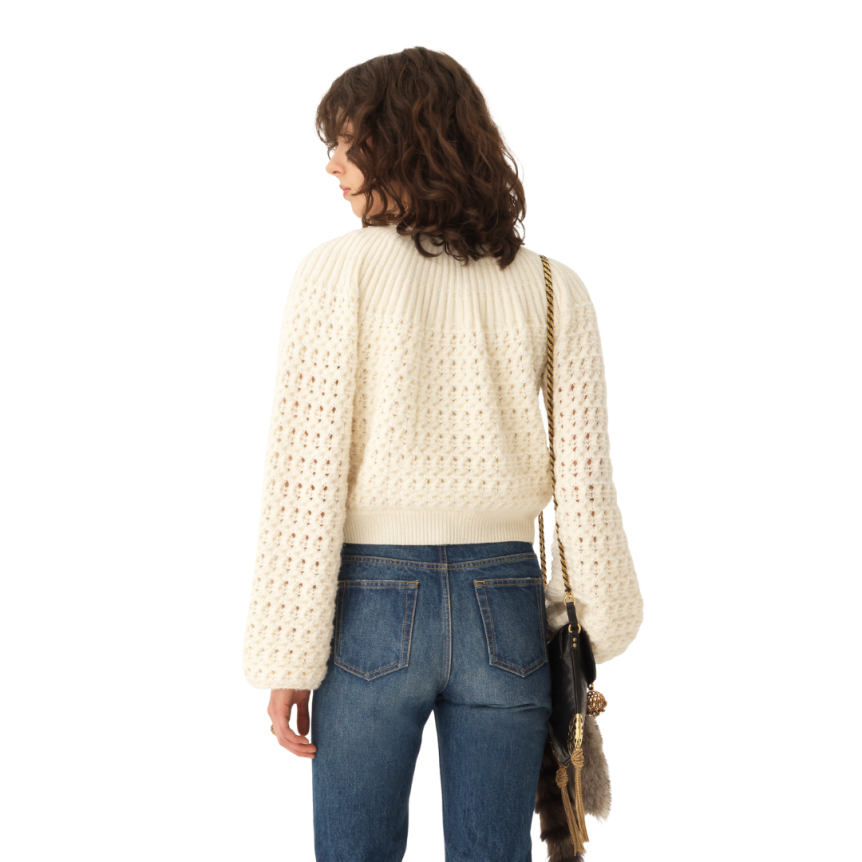 Cardigan col rond CHLOE maille épaisse laine cachemire écru broderie logo rouge taille