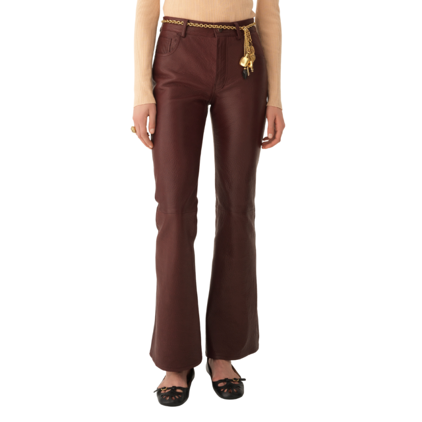 Pantalon évasé CHLOE cuir agneau bullé léger bordeaux