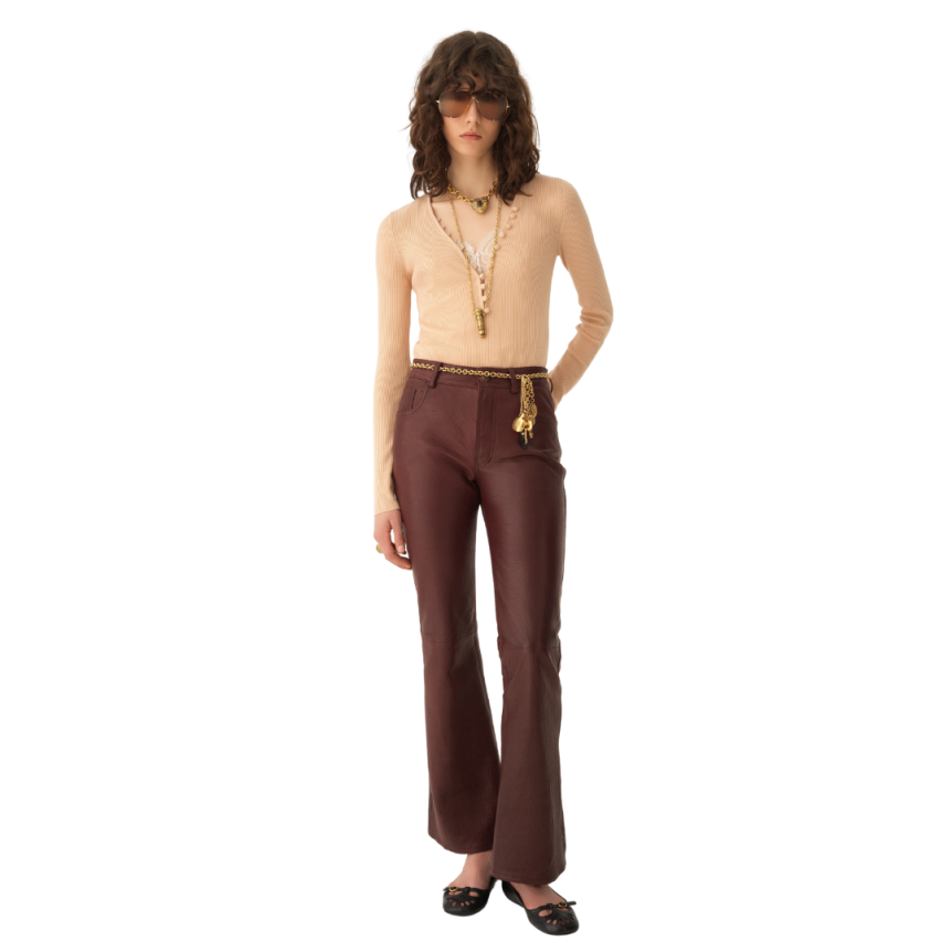 Pantalon évasé CHLOE cuir agneau bullé léger bordeaux