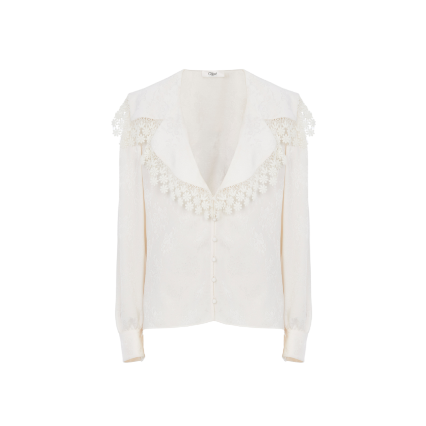 Blouse col oversize CHLOE soie écru jacquard floral mat brillant
