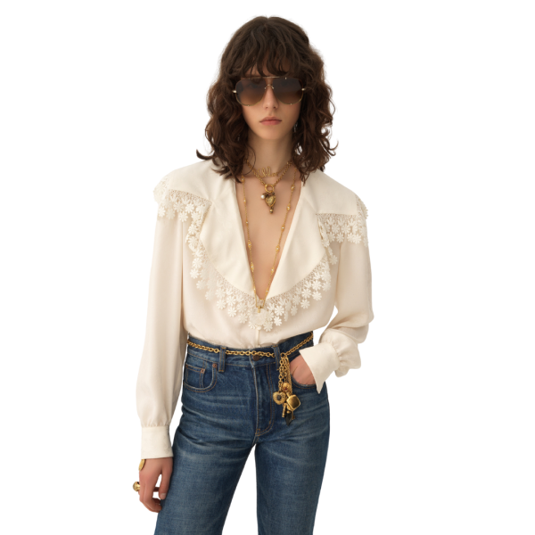 Blouse col oversize CHLOE soie écru jacquard floral mat brillant