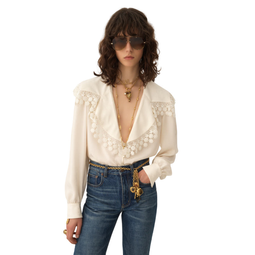 Blouse col oversize CHLOE soie écru jacquard floral mat brillant