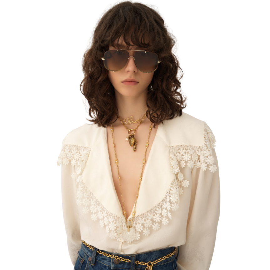 Blouse col oversize CHLOE soie écru jacquard floral mat brillant