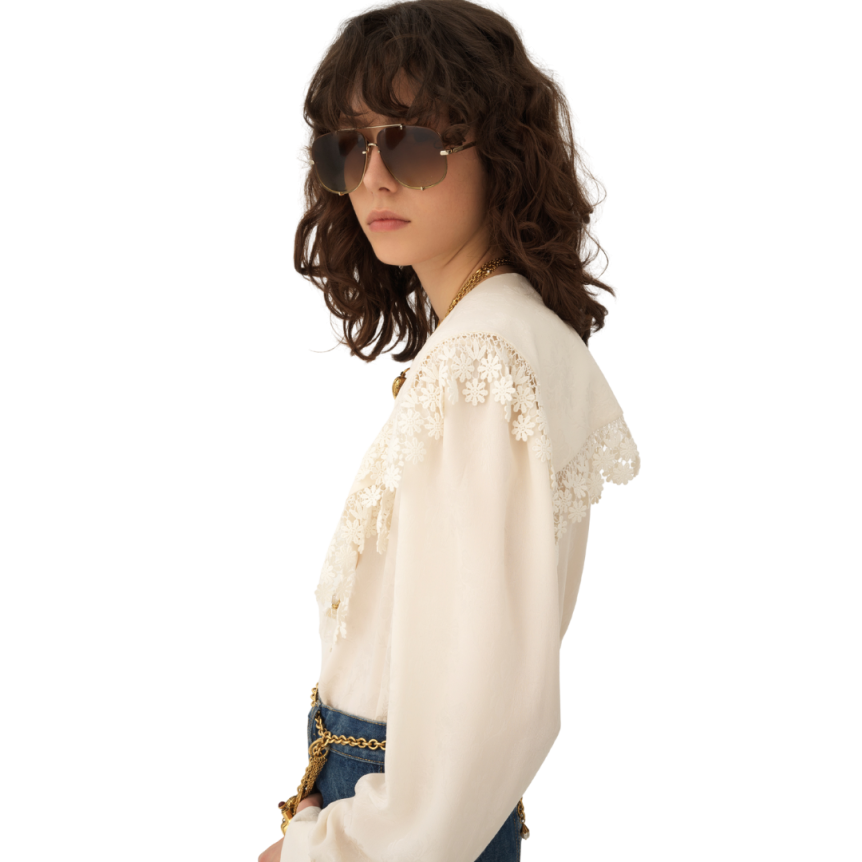 Blouse col oversize CHLOE soie écru jacquard floral mat brillant