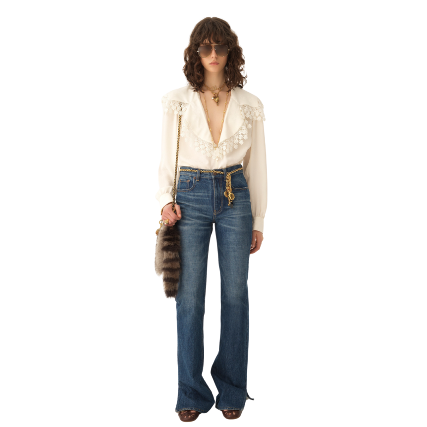 Blouse col oversize CHLOE soie écru jacquard floral mat brillant