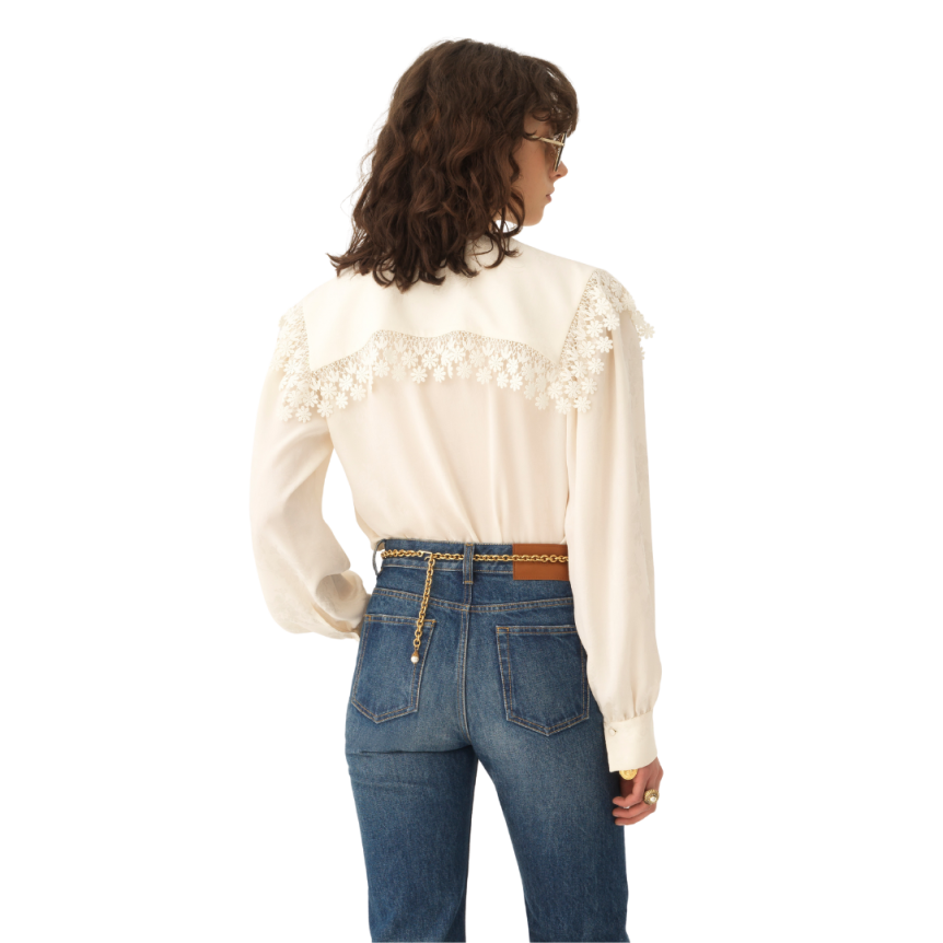 Blouse col oversize CHLOE soie écru jacquard floral mat brillant