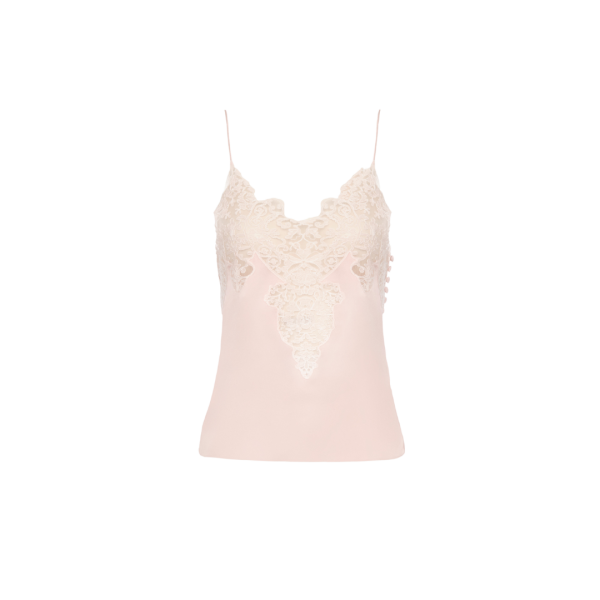 Top caraco CHLOE fluide fines bretelles soie satin lavé rose pale dentelle