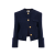 Veste droite courte sans col laine carreaux bleu indigo boutons dorés