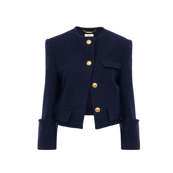 Veste droite courte CHLOE sans col laine carreaux bleu indigo boutons dorés