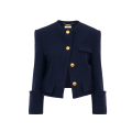 Veste droite courte sans col laine carreaux bleu indigo boutons dorés