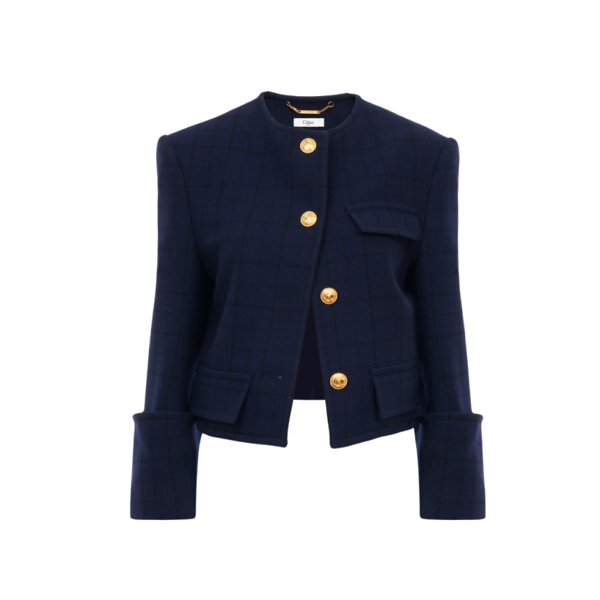 Veste droite courte CHLOE sans col laine carreaux bleu indigo boutons dorés