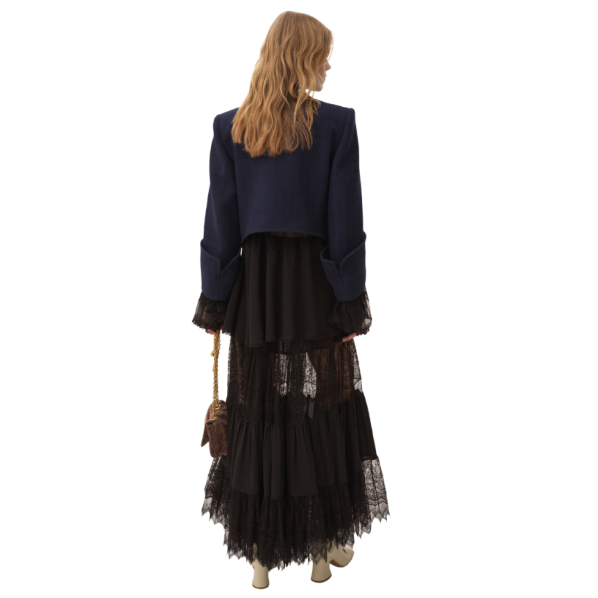 Veste droite courte CHLOE sans col laine carreaux bleu indigo boutons dorés