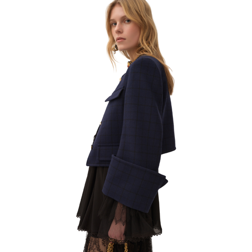 Veste droite courte CHLOE sans col laine carreaux bleu indigo boutons dorés