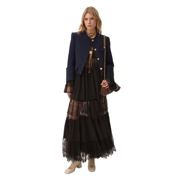 Veste droite courte CHLOE sans col laine carreaux bleu indigo boutons dorés
