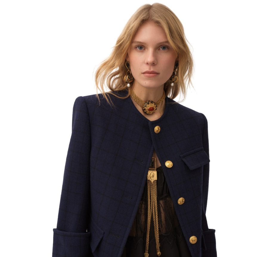 Veste droite courte CHLOE sans col laine carreaux bleu indigo boutons dorés