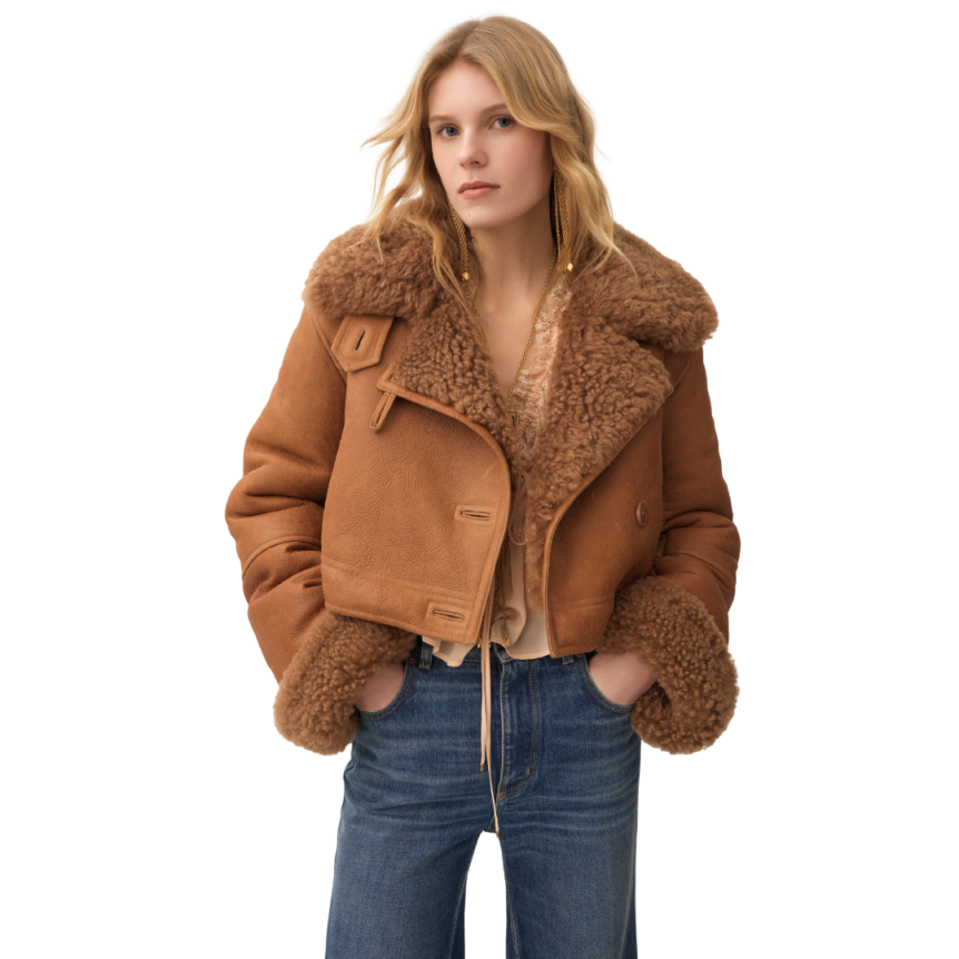 Veste courte droite CHLOE peau retournée mouton marron gold shearling