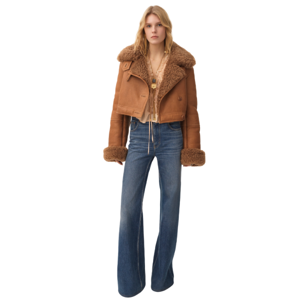 Veste courte droite CHLOE peau retournée mouton marron gold shearling