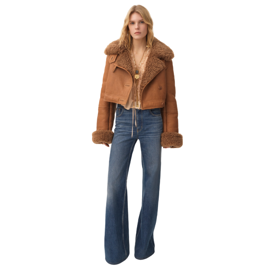 Veste courte droite CHLOE peau retournée mouton marron gold shearling