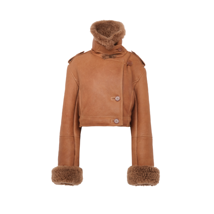 Veste courte droite CHLOE peau retournée mouton marron gold shearling