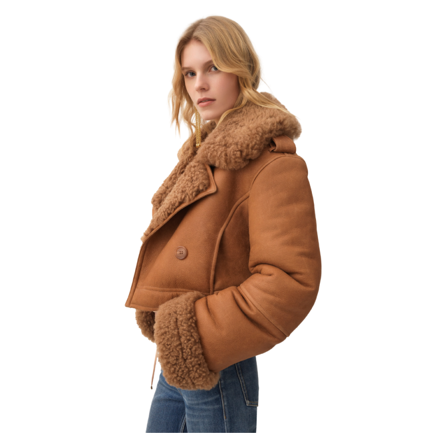 Veste courte droite CHLOE peau retournée mouton marron gold shearling