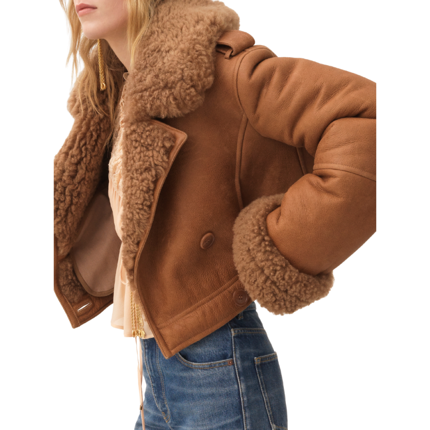 Veste courte droite CHLOE peau retournée mouton marron gold shearling