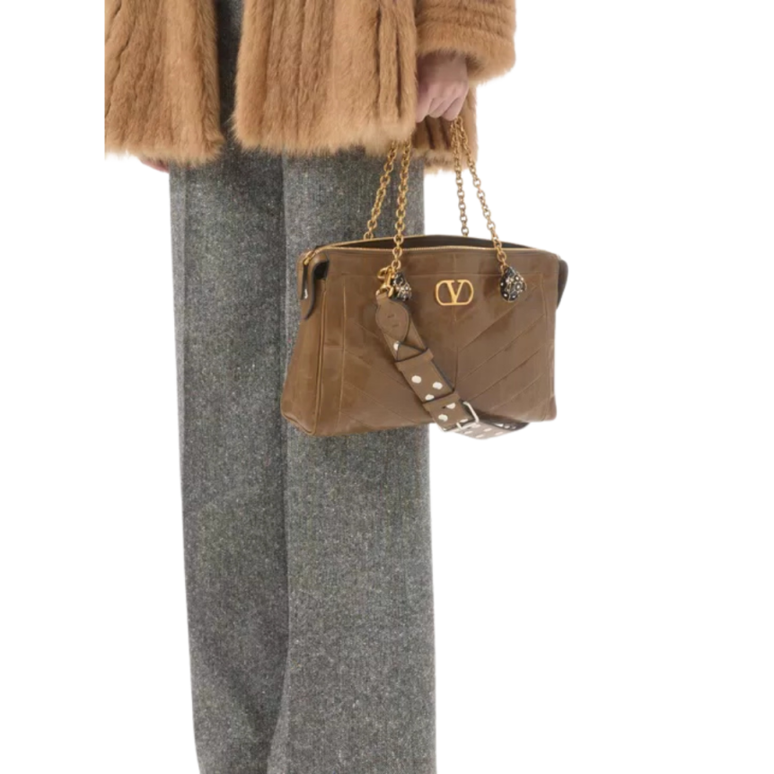 Sac porté épaule VALENTINO Panthea cuir nappa patchwork chevrons marron kaki têtes félins cristaux bandoulière