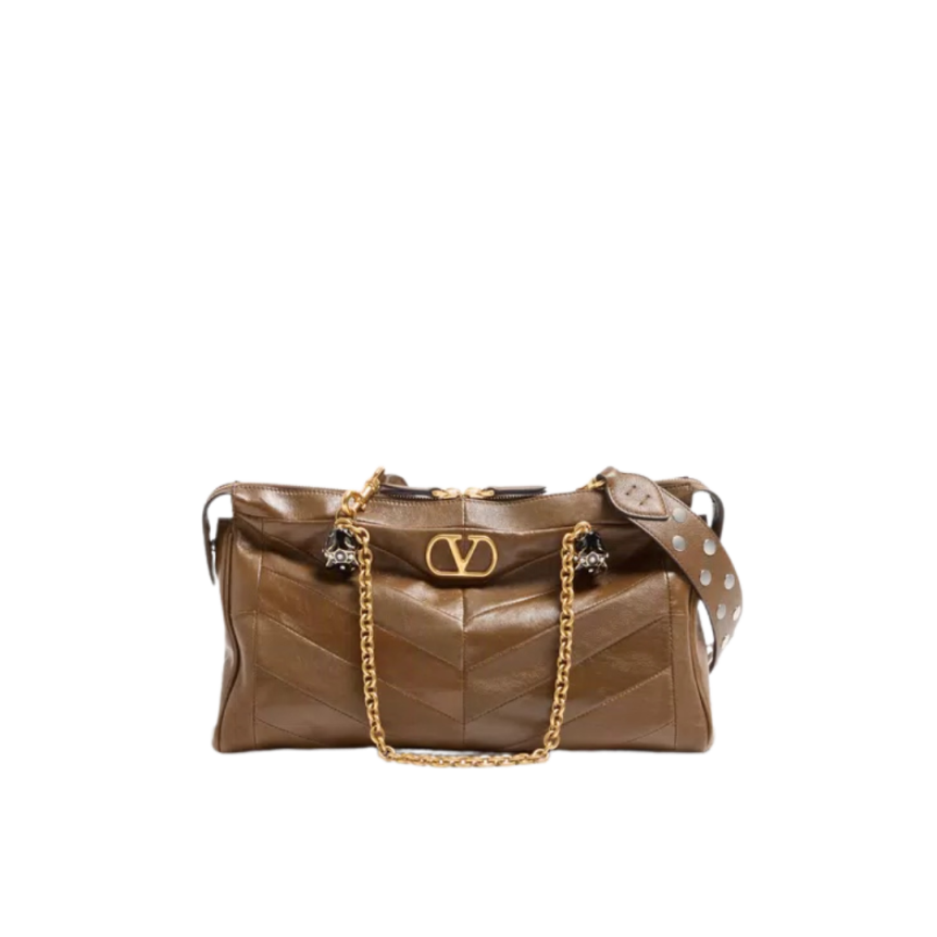 Sac porté épaule VALENTINO Panthea cuir nappa patchwork chevrons marron kaki têtes félins cristaux bandoulière