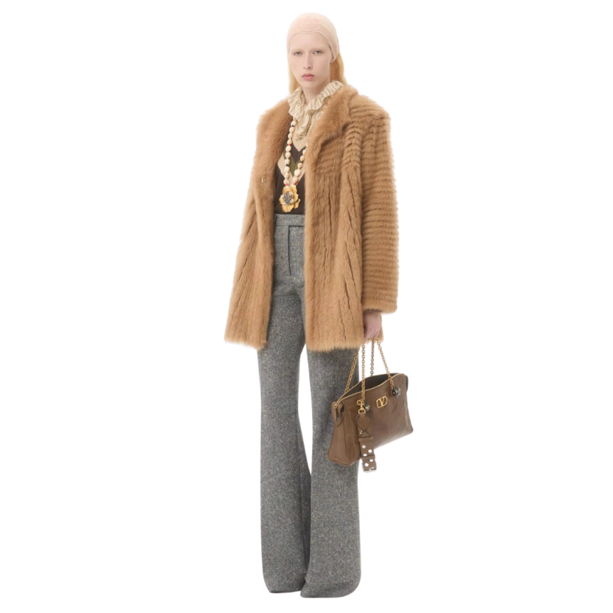 Sac porté épaule VALENTINO Panthea cuir nappa patchwork chevrons marron kaki têtes félins cristaux bandoulière