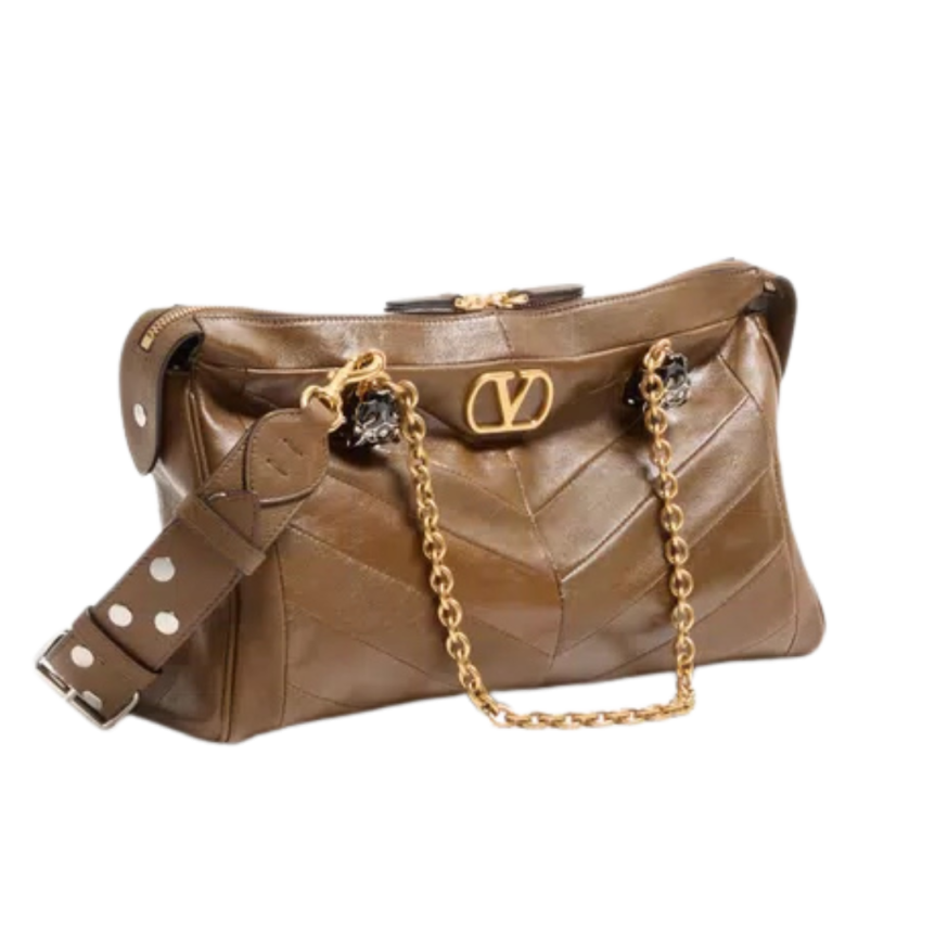 Sac porté épaule VALENTINO Panthea cuir nappa patchwork chevrons marron kaki têtes félins cristaux bandoulière