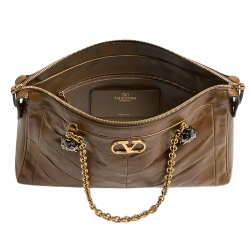 Sac porté épaule VALENTINO Panthea cuir nappa patchwork chevrons marron kaki têtes félins cristaux bandoulière