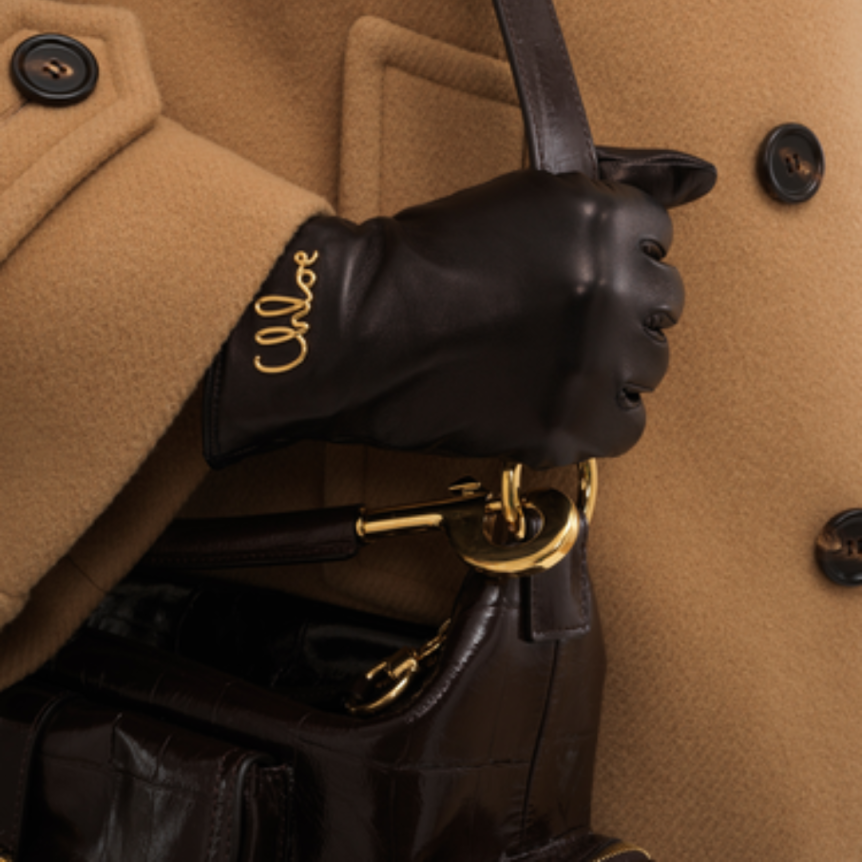 Gants CHLOE Iconic cuir agneau souple noir gold logo doré
